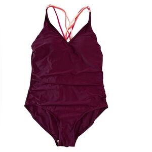 Kona Sol Women’s High Coverage Burgundy One-Piece Swimsuit Size XL